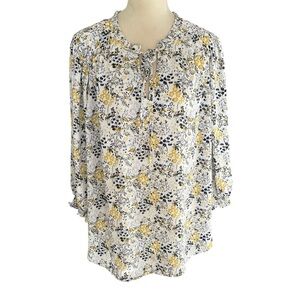 Carolina Belle Floral Navy Yellow Boho Balloon Sleeves Lightweight Top Women 2X